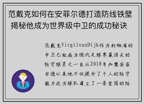 范戴克如何在安菲尔德打造防线铁壁 揭秘他成为世界级中卫的成功秘诀