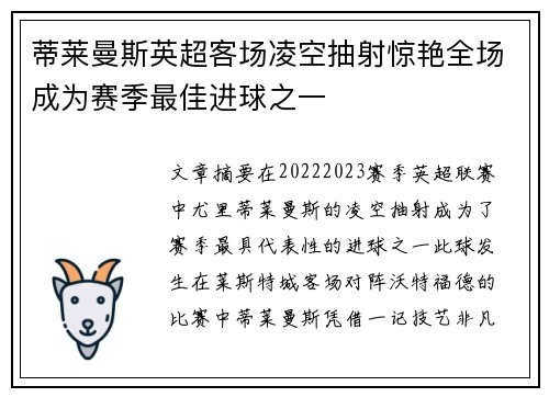 蒂莱曼斯英超客场凌空抽射惊艳全场成为赛季最佳进球之一