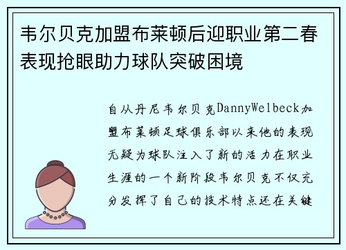 韦尔贝克加盟布莱顿后迎职业第二春表现抢眼助力球队突破困境
